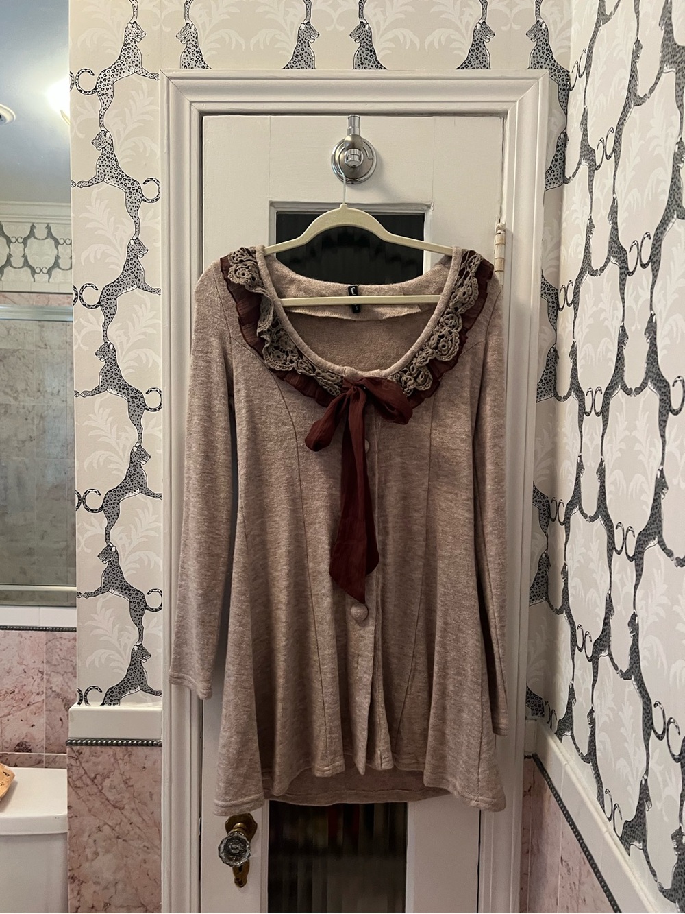 Lace Collar Tie-Front Taupe sweater dress